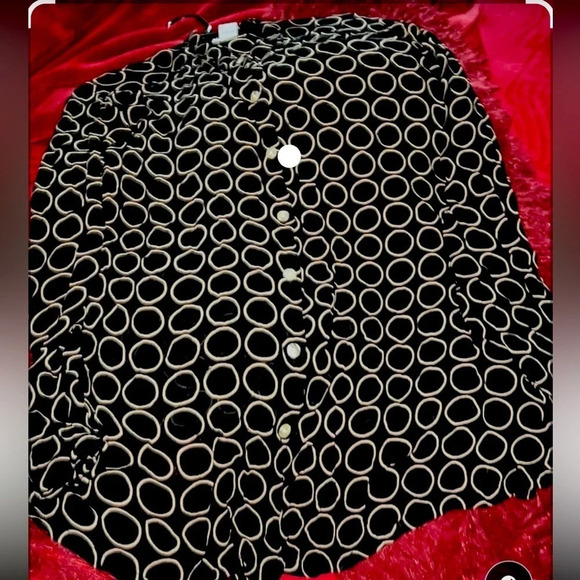 Avenue Large circle Polka Dot Chiffon black beige long sleeve Blouse Sz 14/16 - Picture 3 of 11